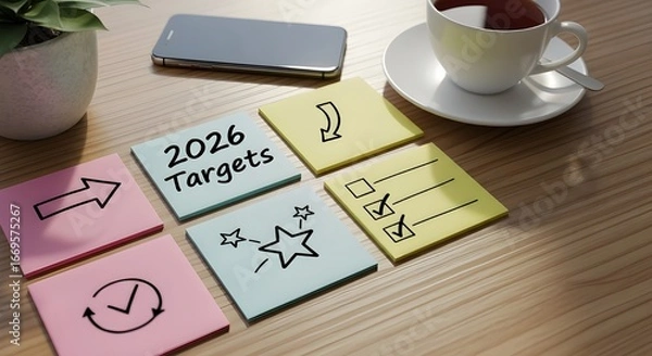 Fototapeta Setting 2026 Targets on Colorful Sticky Notes
