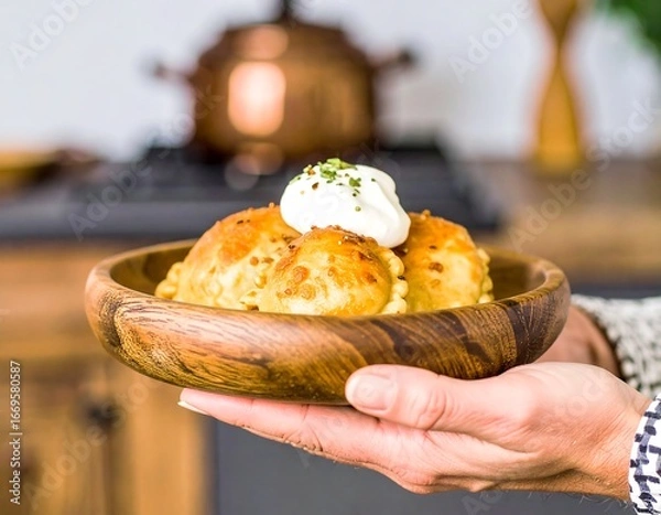 Obraz Wooden bowl holds savory pastries topped with sour cream and herbs