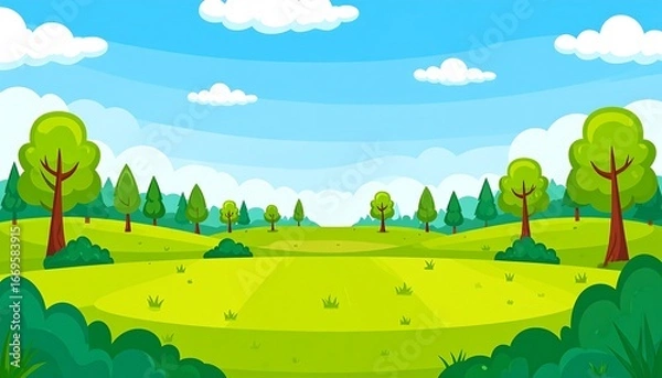 Fototapeta Cartoon green landscape with trees and sky.