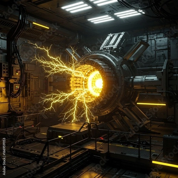 Fototapeta Futuristic Time Portal with Golden Energy Vortex in Advanced Scientific Laboratory