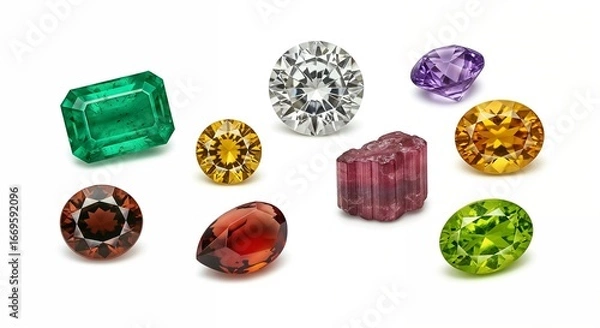 Fototapeta Collection of Precious and Semi-Precious Gemstones Including Diamonds Emeralds and Various Cuts