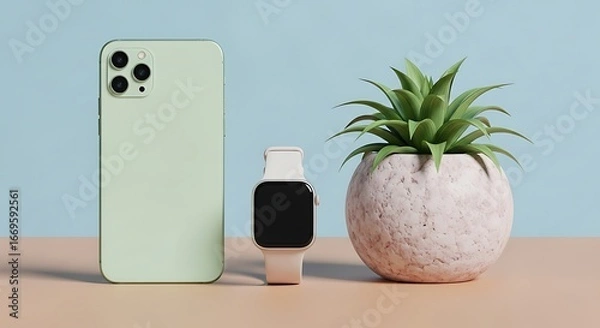 Fototapeta Modern smartphone and smartwatch next to a potted plant