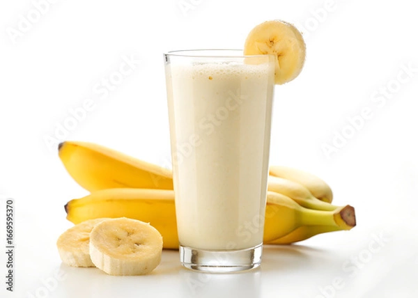Fototapeta Fresh banana milkshake in a transparent glass, frothy top, decorated with banana slice on rim, with whole and cut bananas beside bright creamy tones, photorealistic, pure white background