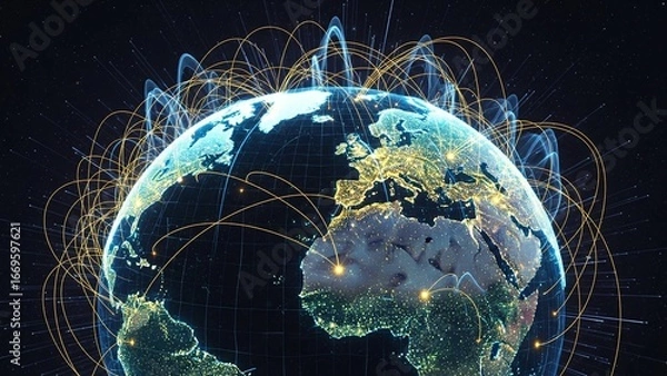 Fototapeta A futuristic rendering of Earth at night with glowing lines connecting major cities, symbolizing a global network and data communication.