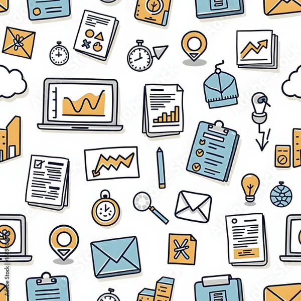 Fototapeta A repeating pattern featuring business icons for use in design and backgrounds.