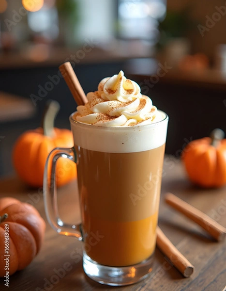 Fototapeta Enjoy a warm pumpkin spice latte, a delightful autumn drink.