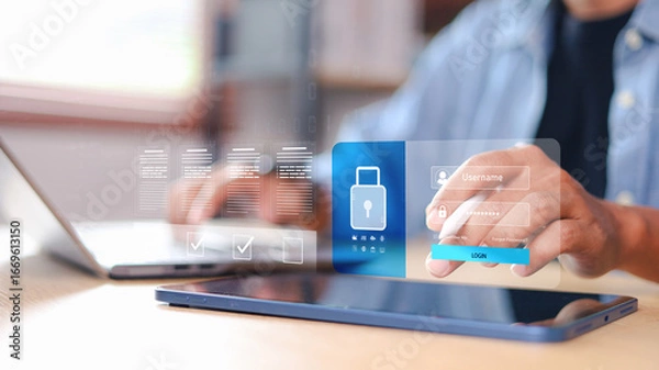 Fototapeta Cybersecurity breach alert concept showing a virtual login interface and checklist verification overlay.  system security risks.
