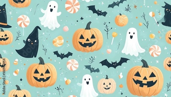 Fototapeta A spooky seamless Halloween pattern with a cartoon set of pumpkins, bats, ghosts, and black cats for an autumn holiday illustration