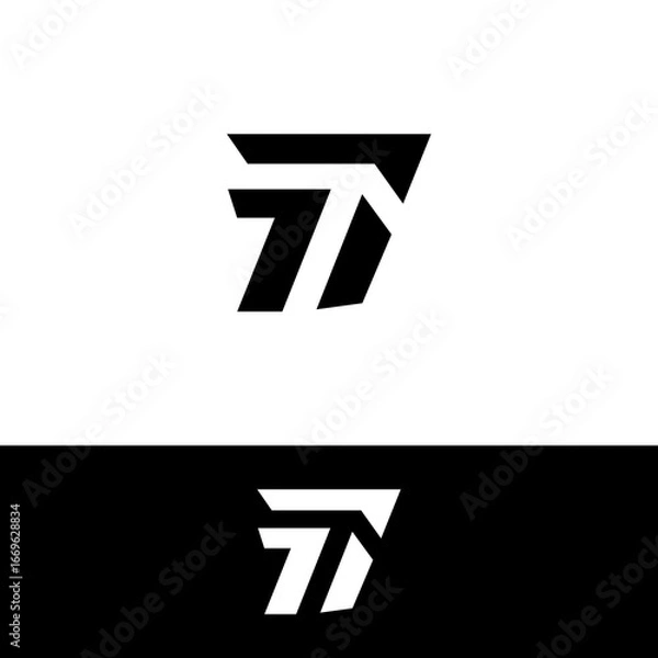 Fototapeta Abstract logo design featuring stylized number seven and letter T in black and white, mirrored image.
