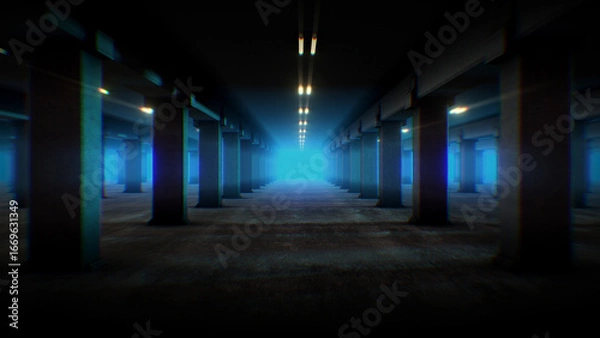 Fototapeta An endless background of a dark moodily lit underground carpark.