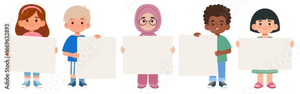 Fototapeta Set of five diverse children holding blank boards. Multicultural kids showing empty signs for text or design. Isolated on white background