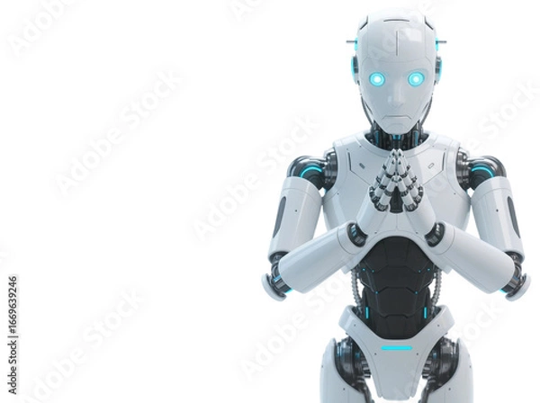Fototapeta Humanoid Robot in Prayer Pose – Futuristic AI Concept