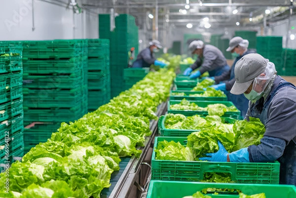 Fototapeta Cabbage factory sorting work. Workers on production line with fresh vegetables