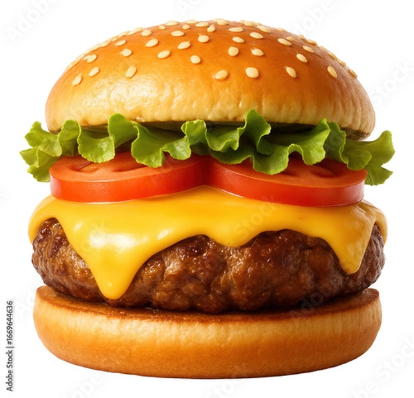 Fototapeta Classic cheeseburger with layers of lettuce, tomato, and beef patty, cheese visibly melting over the sides.