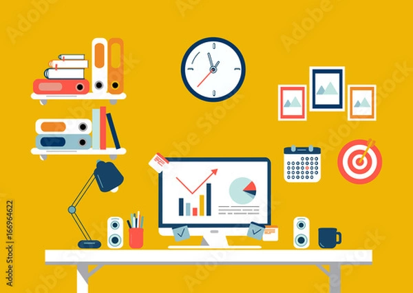 Fototapeta Set of flat design elements, illustration of workspace. Vector