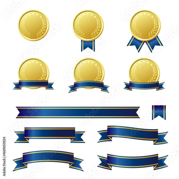 Obraz メダルと青いリボンのイラストセット