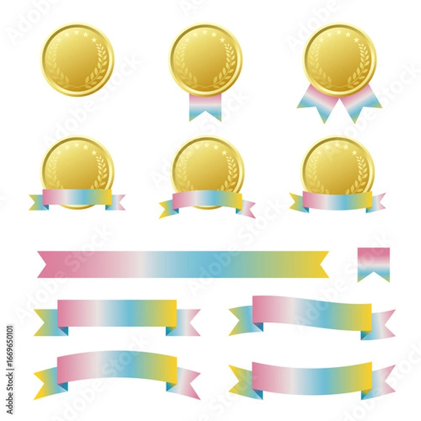 Fototapeta メダルとカラフルリボンのイラストセット