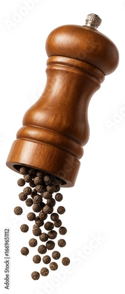 Fototapeta Peppercorns cascading from a wooden mill with a dusting of ground pepper beneath.