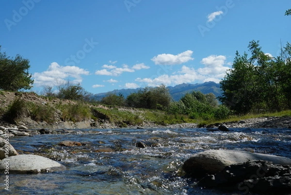 Fototapeta Fast lively river with clear fresh water flowing over stones with trees on shores and mountains and blue sky in the distance on sunny summer day in Transylvania, Romania