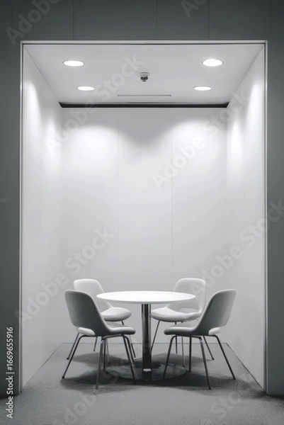 Fototapeta A minimalist meeting room with white walls A small round table and four chairs are placed evenly
