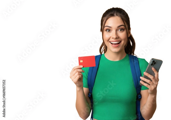 Fototapeta Smiling Student Holding a Credit Card and blank Smartphone, Isolated on Transparent Background

