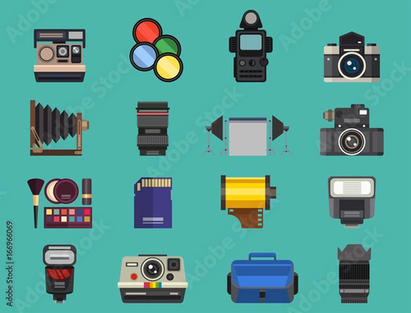 Fototapeta Camera photo optic lenses set different types objective retro photography equipment professional look vector illustration