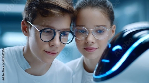 Obraz Interacting with a friendly robot young innovators explore technology in a modern lab environment