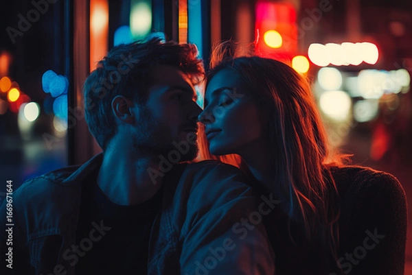 Fototapeta Silhouette of person people standing in vibrant night city street filled with lights traffic, generative ai