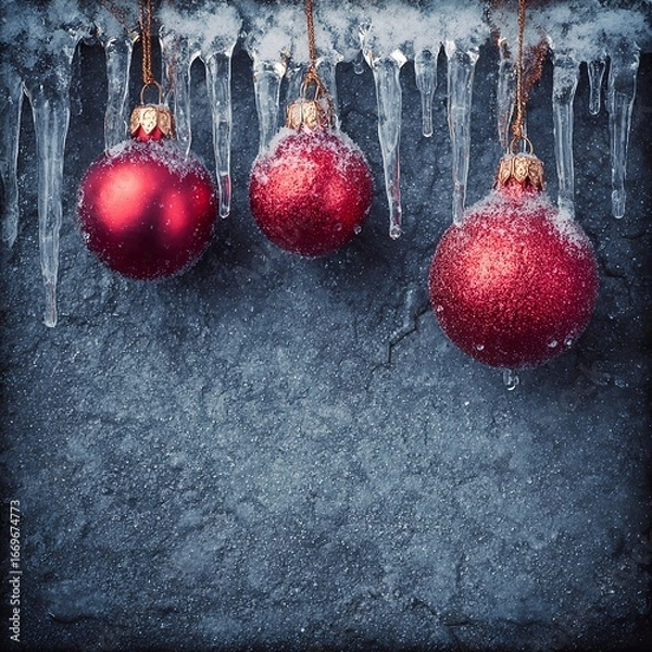 Fototapeta Christmas and New Year decorations on a gray background, icicles and toys, and a winter background.