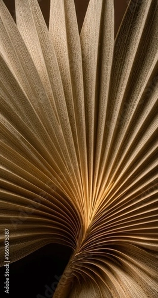 Fototapeta Detailed, golden fan-shaped palm leaf texture in close up, creating a radial, natural pattern on a dark background