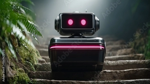 Obraz Robot exploring ancient steps lush forest digital art atmospheric creative concept