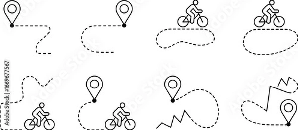 Fototapeta Bicycle route planning vector illustration with gps pin and dashed line for navigation apps use