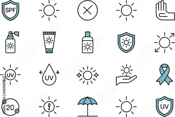 Fototapeta Sun protection skincare spf uv rays safety icons set vector illustration prevent sunburn and aging