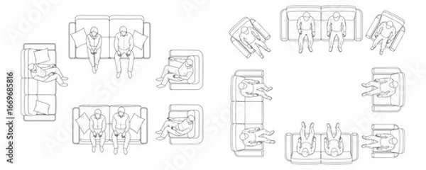 Fototapeta CAD-style top view outline drawings of people sitting on sofas and armchairs, minimal vector illustration set for architectural plans and interior design layouts