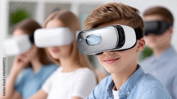 Obraz Virtual reality experience engaging young users classroom setting digital interaction indoor environment educational concept