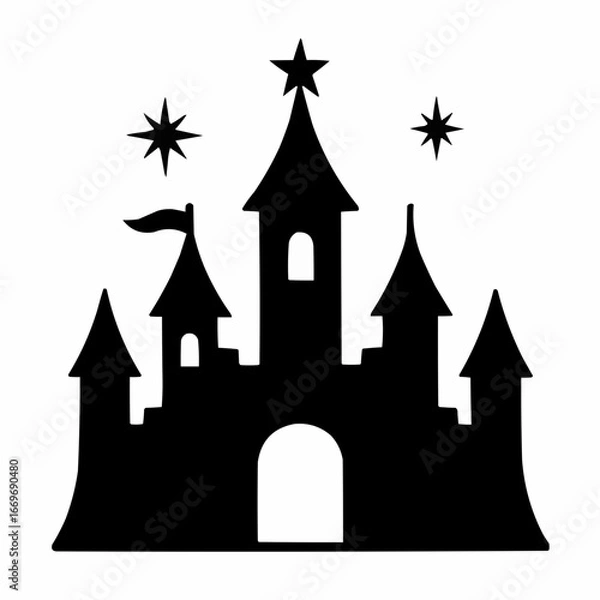 Fototapeta A fairytale cartoon castle silhouette with a tower and a flag on a hill against a night sky