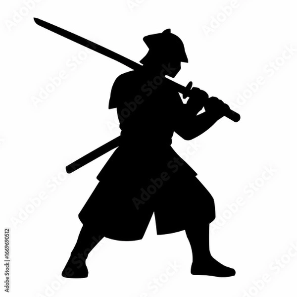 Fototapeta A striking vector silhouette illustration of a ninja warrior with a sword