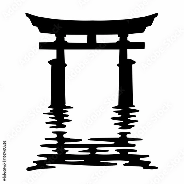 Fototapeta Antique wooden Japanese garden gate with a temple in the sky, vintage illustration of Asian architecture with a decorative balance