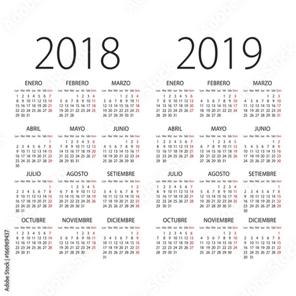 Obraz 2018 and 2019 years Spanish vector calendar.