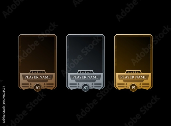 Fototapeta set of fantasy rustic trading card game or sports template with player stats identity in bronze, silver and gold tier rank