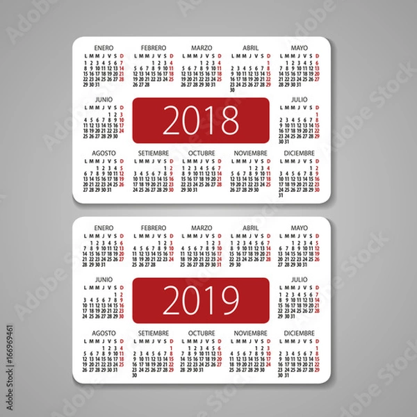 Obraz 2018 and 2019 years Spanish vector calendar.