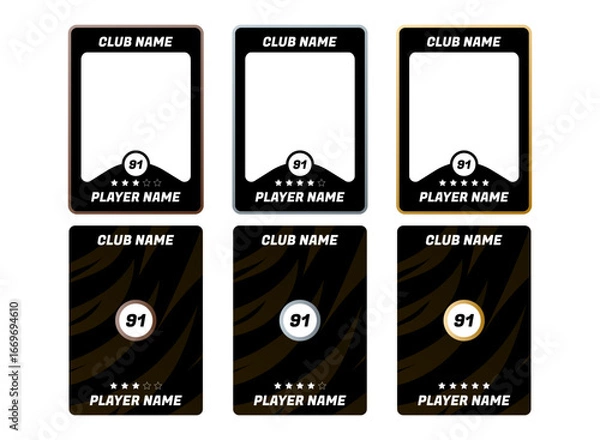 Fototapeta set of bronze, silver, gold trading card template for game or sports with player statistics, star and ratings. front and back card set