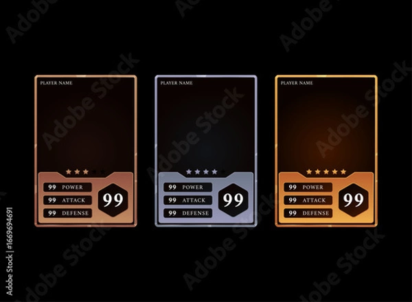 Fototapeta set of fantasy medieval trading card template player and club name details for game and sports with bronze, silver and gold tier rank