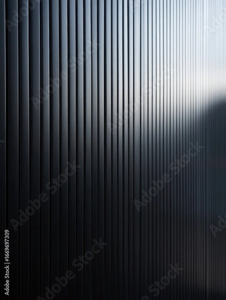 Fototapeta A close up view of a dark metal wall with vertical lines and subtle light reflecting on the surface