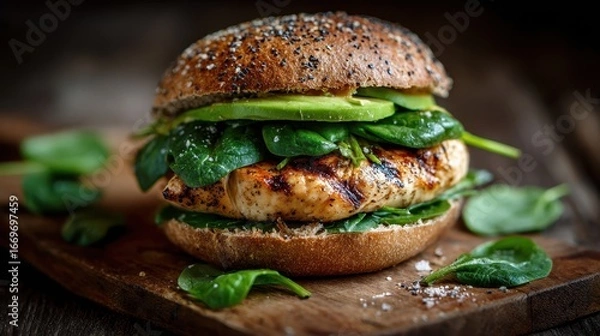 Fototapeta Healthy grilled chicken burger with avocado and spinach on whole grain bun – fresh gourmet sandwich, clean eating and healthy food photography