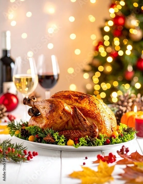 Obraz Roasted turkey centerpiece on a festive table with wine and holiday decorations