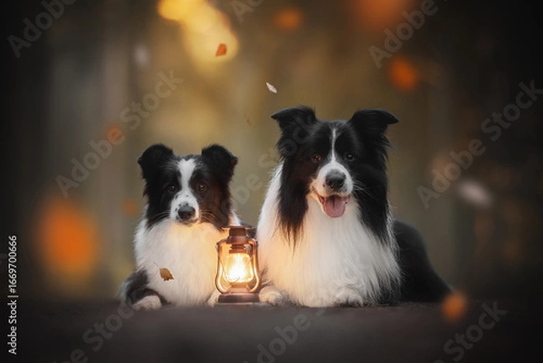 Fototapeta Two black and white Border Collie dogs are lying down next to a vintage lantern. The bright lantern and falling leaves create an inviting, cozy fall atmosphere in the late afternoon