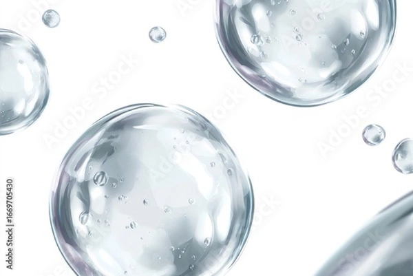 Fototapeta Translucent bubbles with iridescent highlights, floating against a plain white background