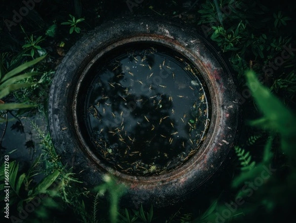 Obraz Stagnant Water in Old Tire with Mosquito Larvae Breeding