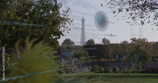 Obraz Framing centered Eiffel Tower highlighting public garden with benches, code snippets and gauge icon